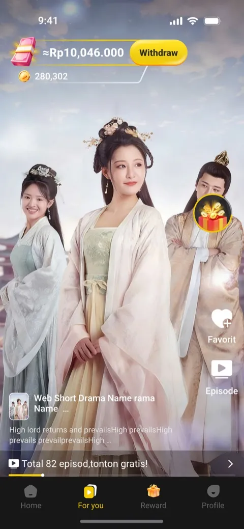 ReelDrama For You screen playing a vertical short drama full-screen, with favorite and episode buttons
