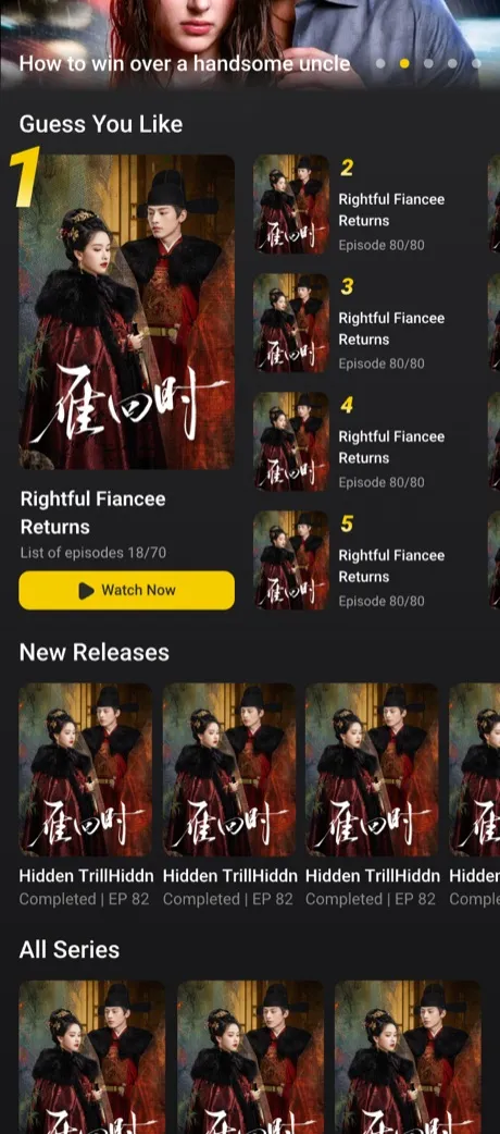 ReelDrama home tab with featured banners, Guess You Like and drama rankings