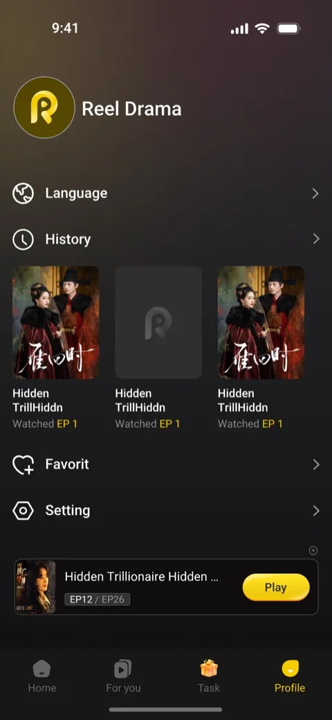 ReelDrama profile screen with watch history, favorites and continue watching