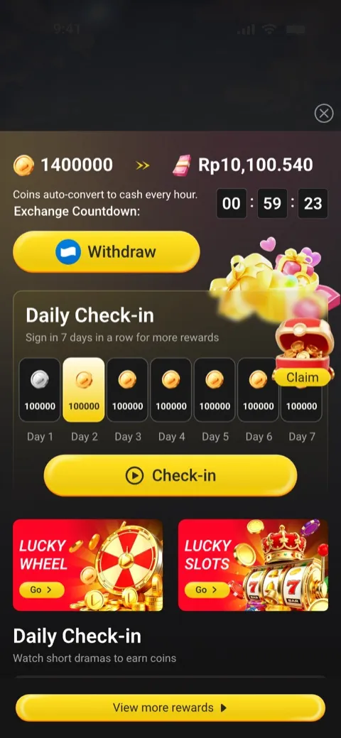 ReelDrama rewards screen with daily check-in and coin-earning tasks